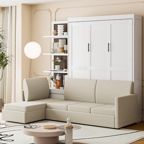 Queen Size Wood Murphy Bed with Sofa and Shelves, White K404134