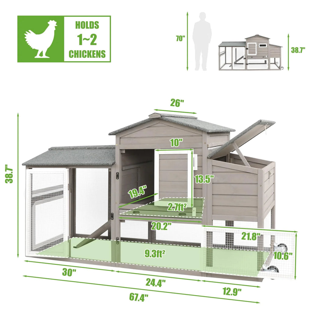 Large Chicken Coop with Wheels, Wooden Hen House, 2 Story Poultry Cage with Nesting Box and Pull Out Trays G804495