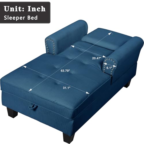 63" Sleeper Chaise Lounge Recliner Sofa Bed with Adjustable Backrest & Storage Space (Blue Corduroy) X768409