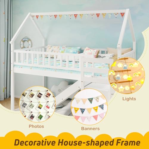 White Wood Bunk Bed Twin Over Twin with Slide & Stairs D9083