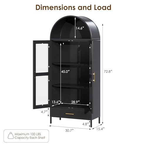Black Metal Arched Storage Display Cabinet with Drawer and Glass Doors B89677