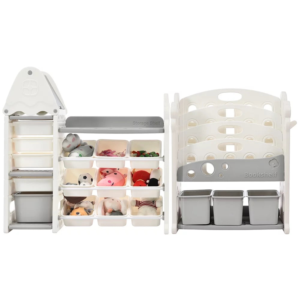 Grey Kids Bookshelf Toy Storage Organizer with 17 Bins and 4 Bookshelves U4858