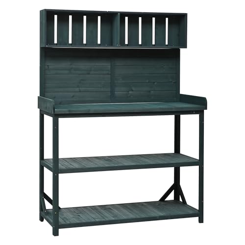 Brown Wooden Potting Bench Table with 2 Drawers, Cabinet, Open Shelves O84288