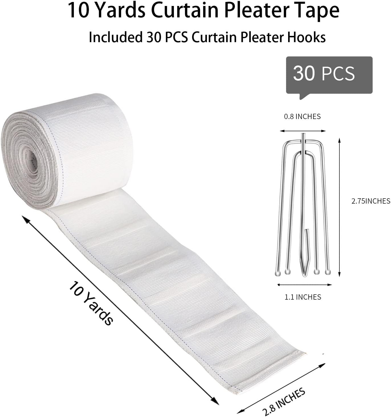 White 10 Yards Pleater Tape with 30 Pcs Stainless Steel 4 Prongs Hooks S304