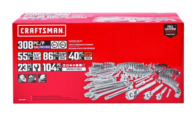 1/4, 3/8 and 1/2 in. Drive Metric and SAE 6 and 12 Point Mechanic's Tool Set 308 pc. E279