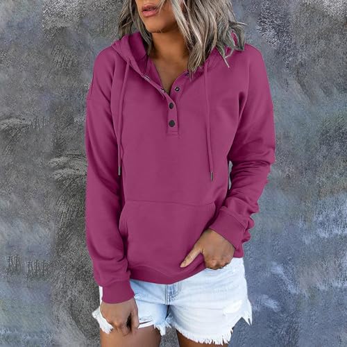 Long Sleeve Button V Neck Drawstring Pullover Hoodie N379