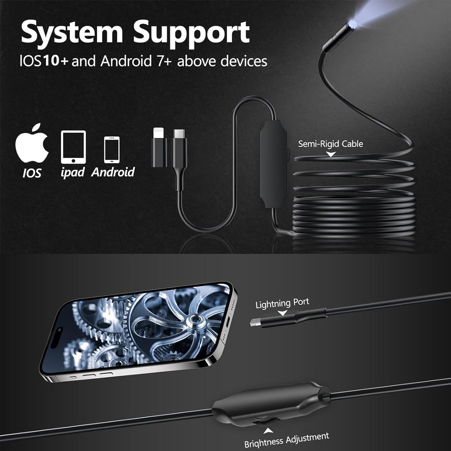 1920P HD Borescope with 8 Adjustable LED Lights, 16.4ft Semi-Rigid Cord, 7.9mm Industrial Endoscope S519327