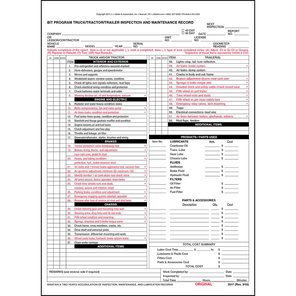 Tractor Trailer Truck Inspection Maintenance Record Form 25-pk Snap-Out 3-Ply Carbon 8.5" x 11.75" A7010