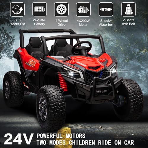 24V 2 Seater Kids Ride on UTV Car, 4WD Battery Powered Electric Vehicle with Remote Control, Safety Belts, 3 Speeds, Bluetooth (Pink) T565