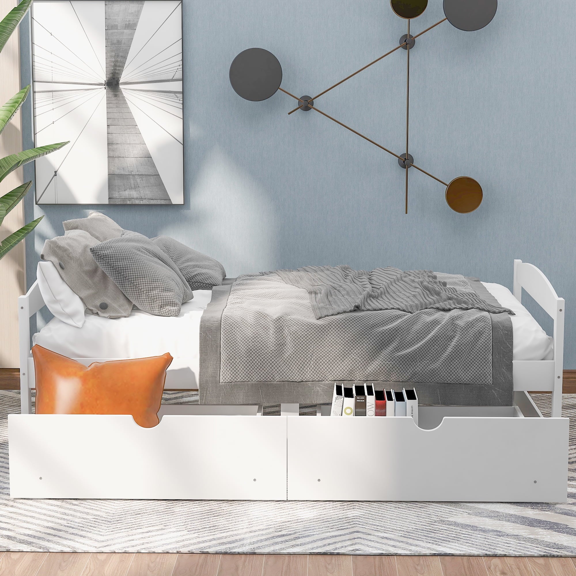 White Double Platform Bed with Two Drawers Q981916