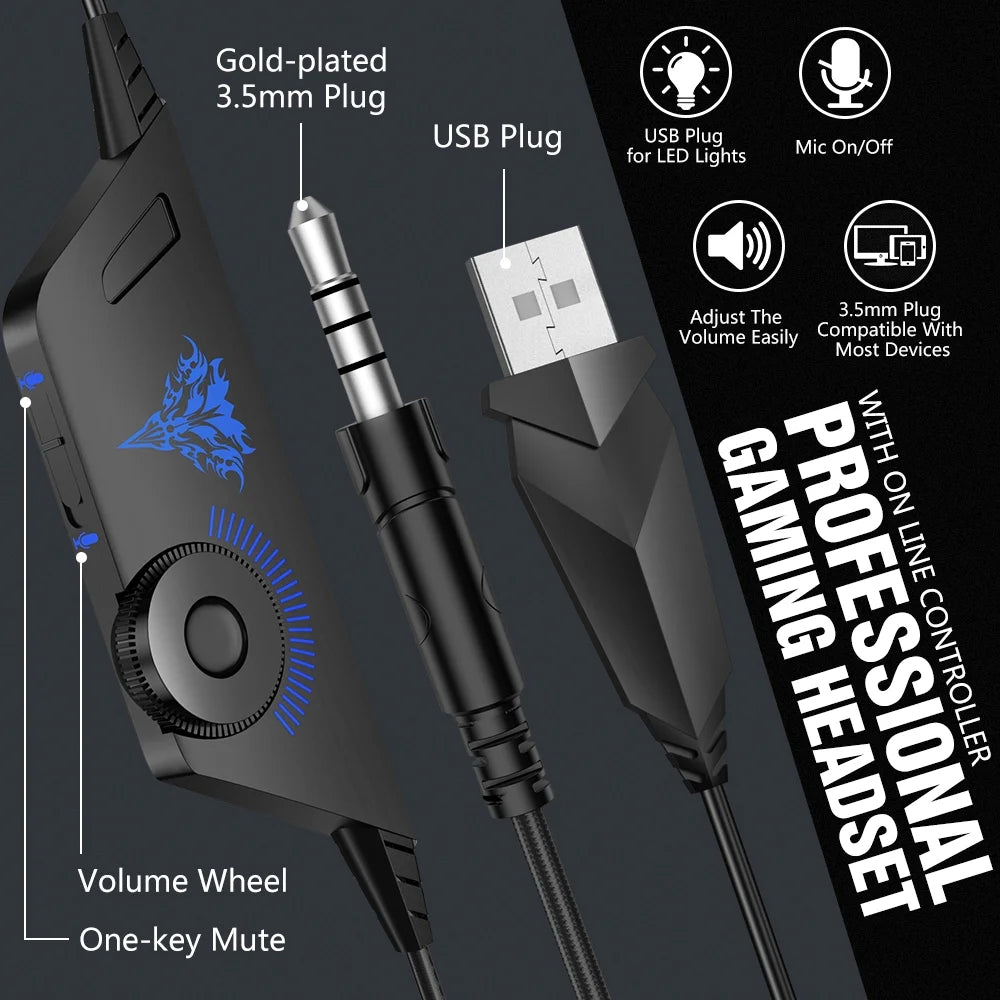 Gaming Headset with Noise Cancelling Mic, LED Light, Over Ear Headphone W295