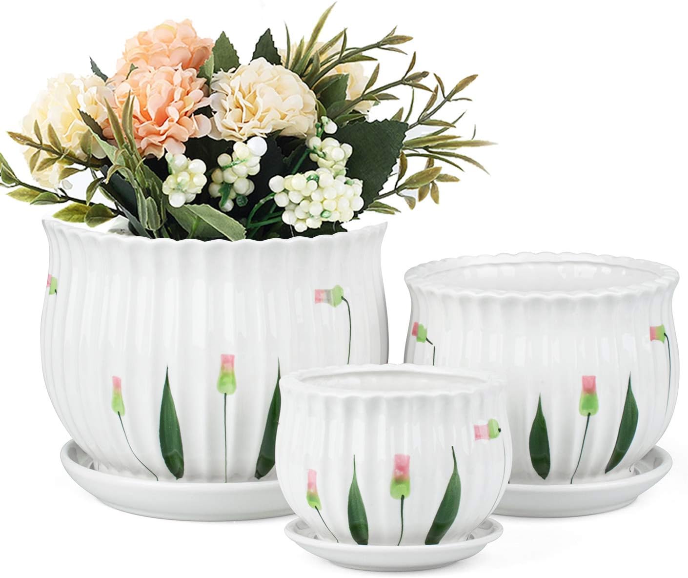 Set of 3 Ceramic Plant Pots with Drainage and Saucer H557449