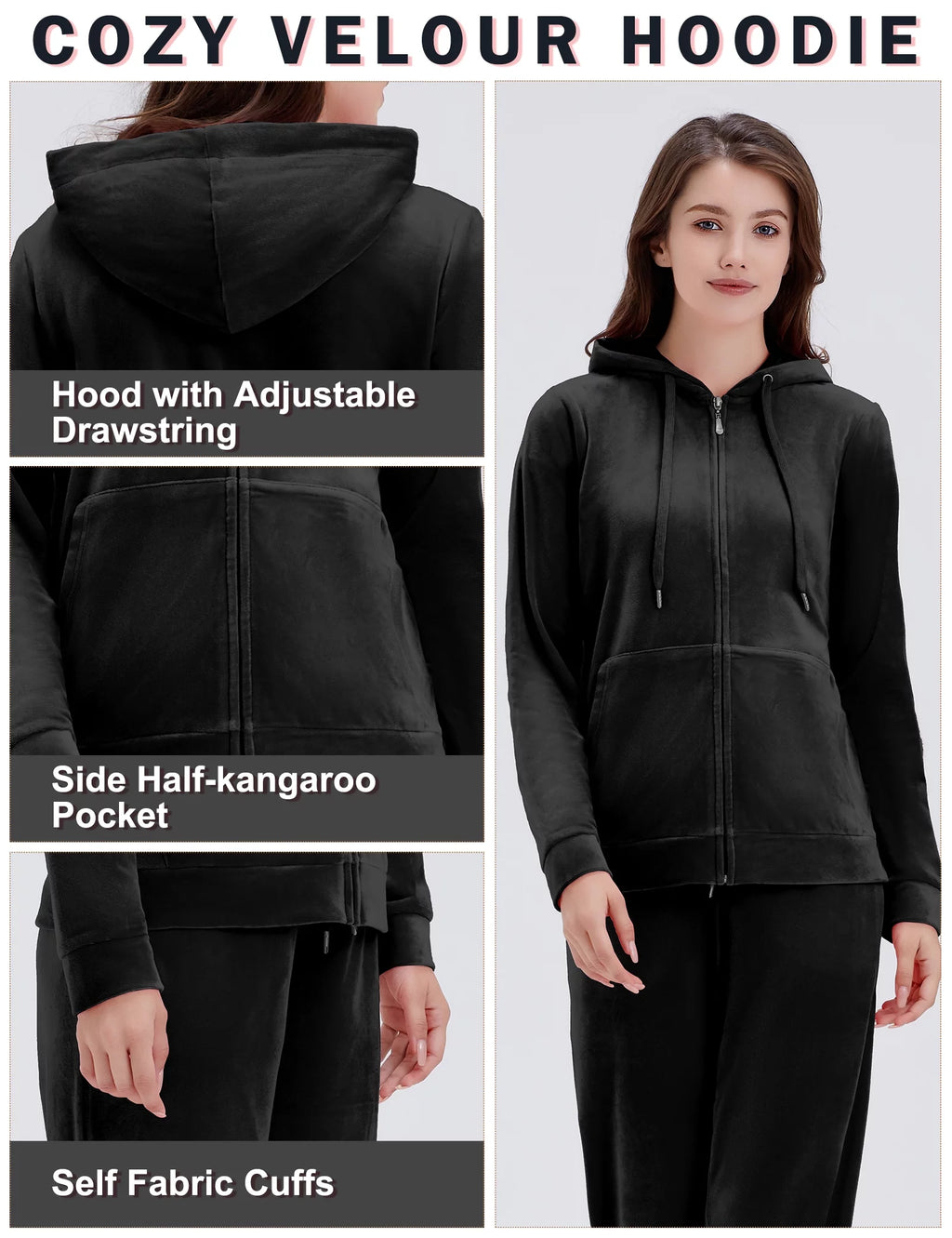 Black Velour 2 Piece Hoodie and Sweatpants Set F8710