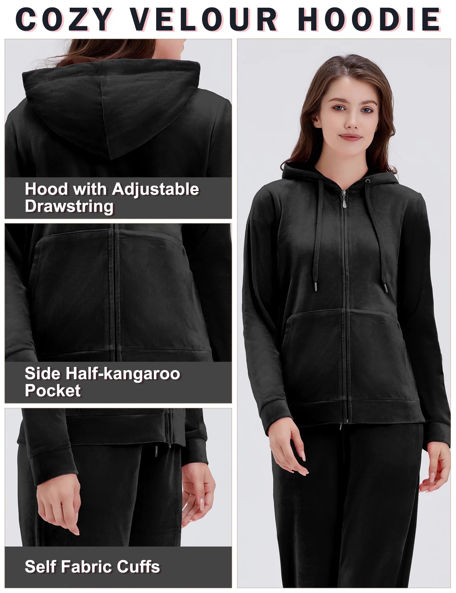 Black Velour 2 Piece Hoodie and Sweatpants Set F8710