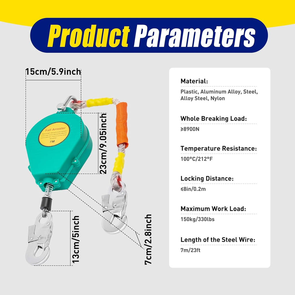 Self Retracting Lifeline 330lbs Fall Arrester Retractable Fall Protection Safety Harness with Alloy Steel Hook & Steel Wire Rope X190