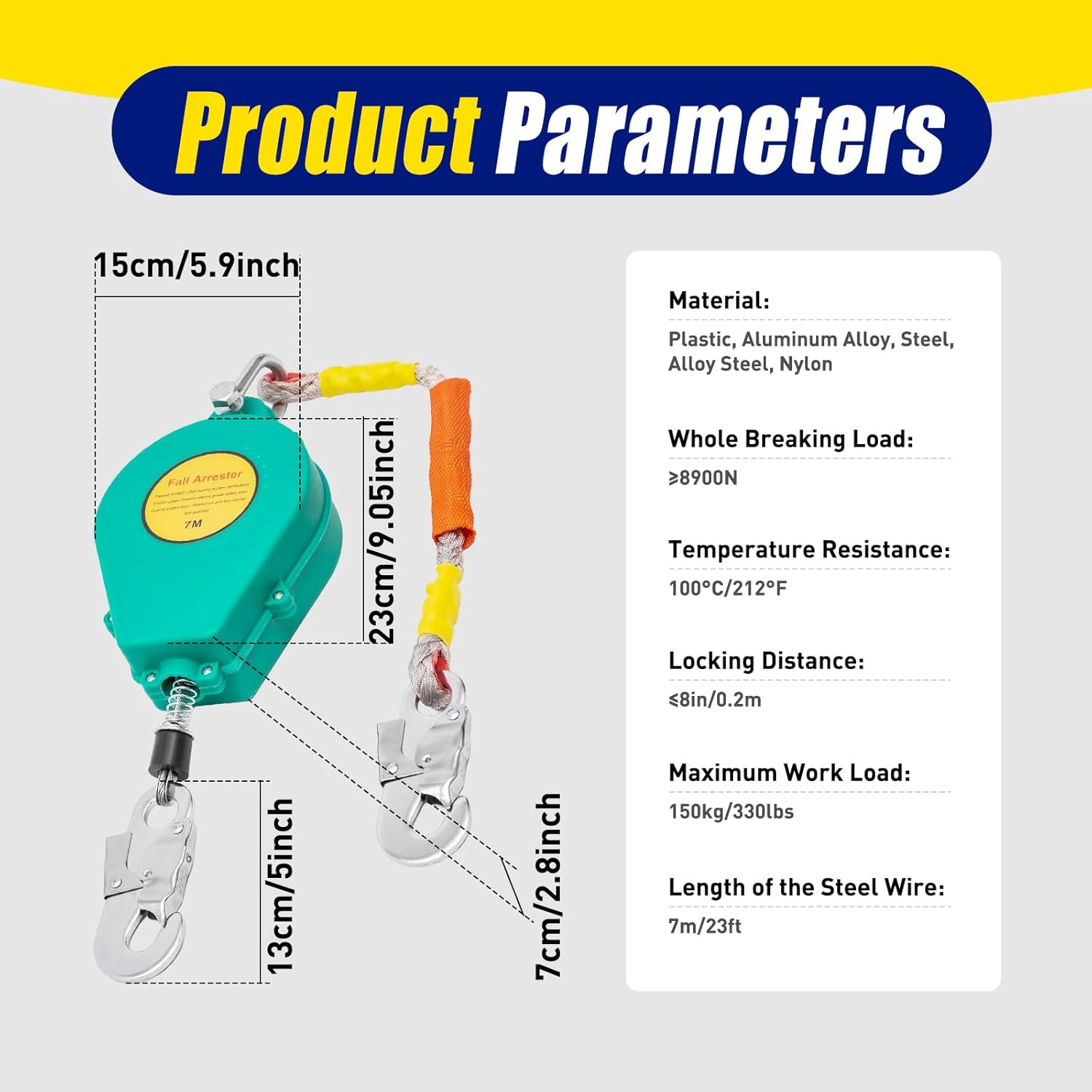 Self Retracting Lifeline 330lbs Fall Arrester Retractable Fall Protection Safety Harness with Alloy Steel Hook & Steel Wire Rope X190