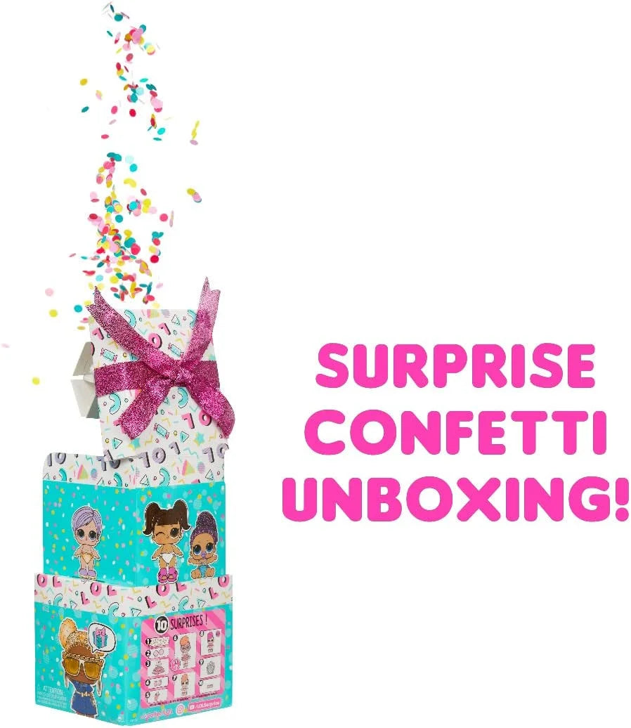 LOL Surprise! Confetti Pop Birthday Sisters doll with Lil Sister, 10 surprises, accessories, limited edition doll, present box packaging W3233