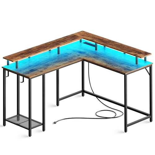 Grey L Shaped Gaming Desk with Power Outlets and LED Lighting H3960