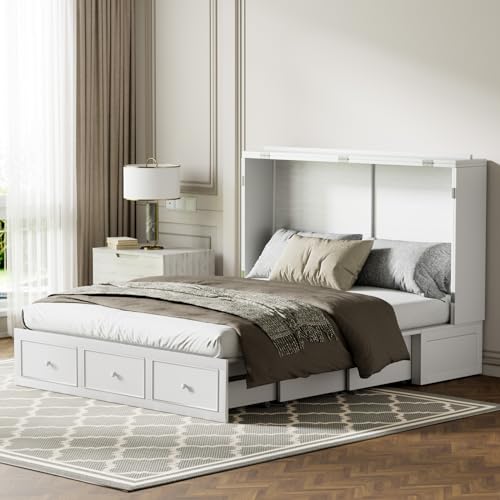 Grey Queen Murphy Bed with Foldable Mattress and Storage Drawer U6017