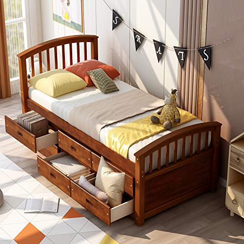 White Solid Wood Twin Platform Bed with 6 Drawers P664085