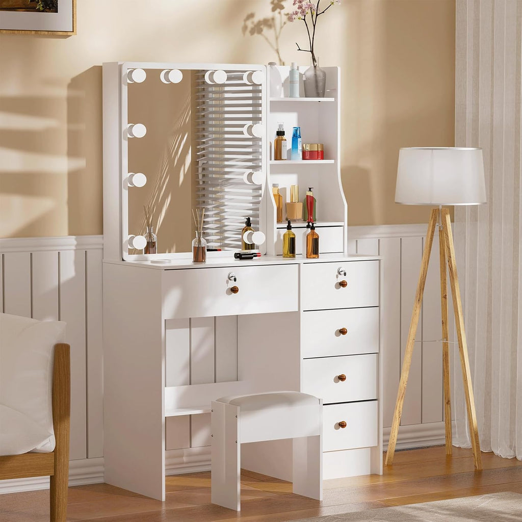 Girls Makeup Vanity with Sliding Mirror and Lights, Lockable Drawers and Cabinets, Dressing Cosmetic Table with Soft Chair L41023