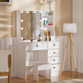 Girls Makeup Vanity with Sliding Mirror and Lights, Lockable Drawers and Cabinets, Dressing Cosmetic Table with Soft Chair L41023