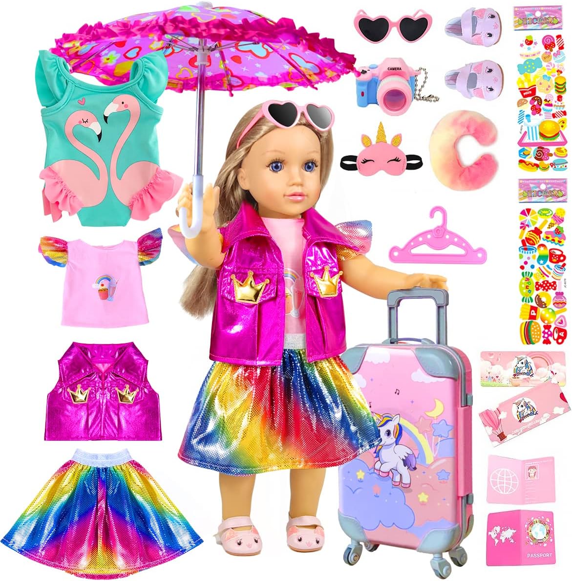 18 Inch Doll Clothes and Accessories Travel Suitcase Play Set Including Luggage, 2 Sets of Doll Clothes and Shoes, Umbrella Sunglasses Camera Travel Pillow Blindfold Passport Tickets O941421
