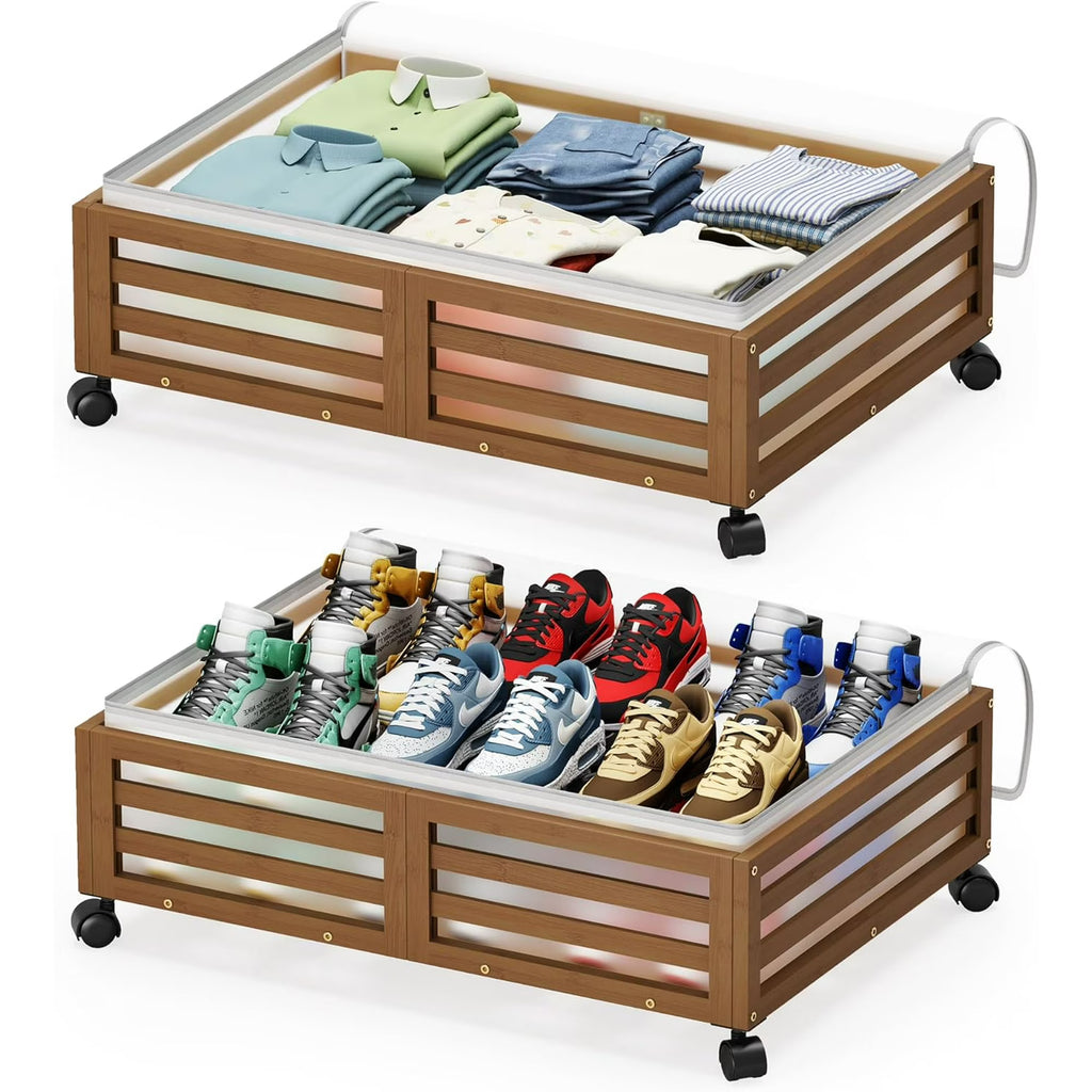 2 Pcs Bamboo Wood Rolling Underbed Storage Bins with Wheels M361