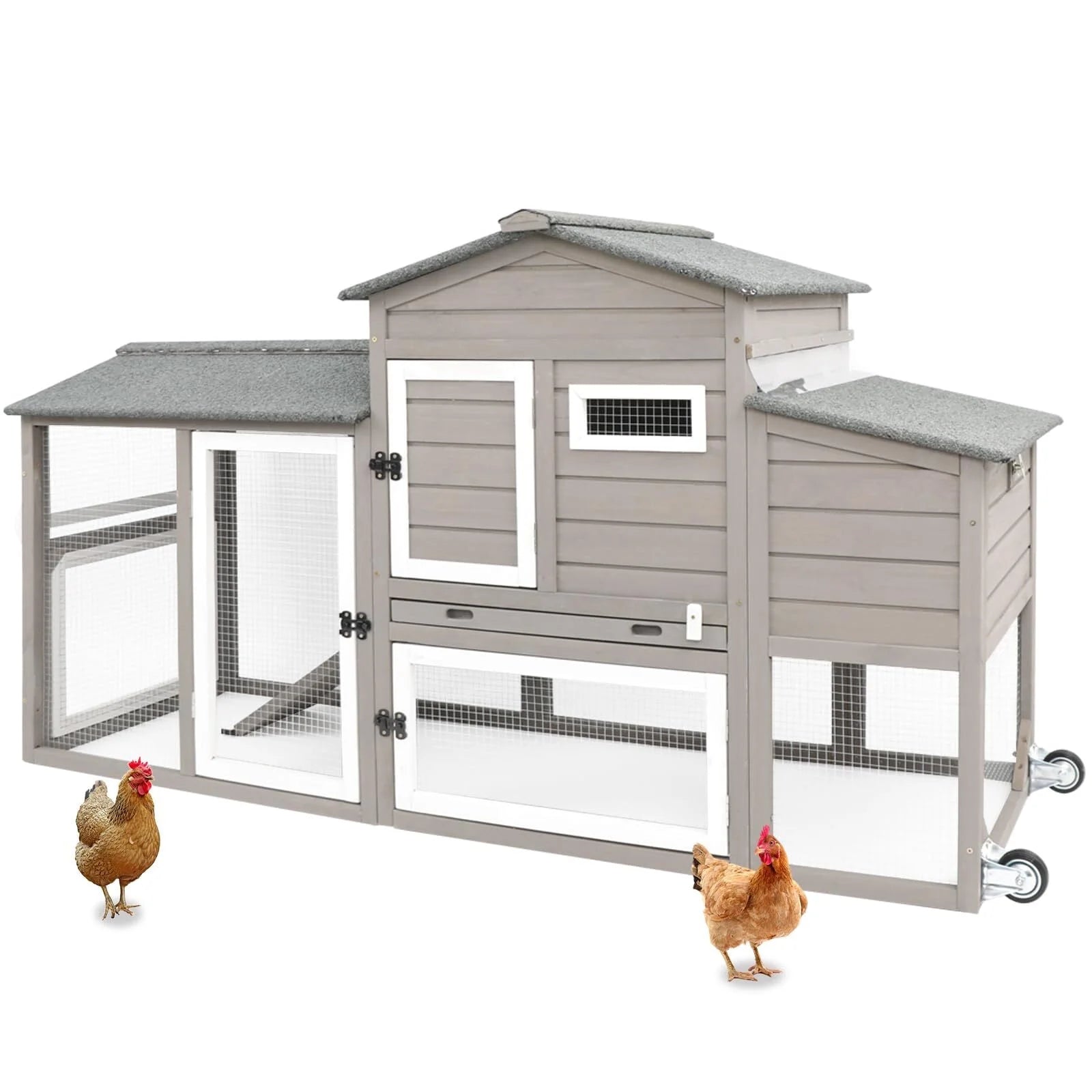 Large Chicken Coop with Wheels, Wooden Hen House, 2 Story Poultry Cage with Nesting Box and Pull Out Trays G804495