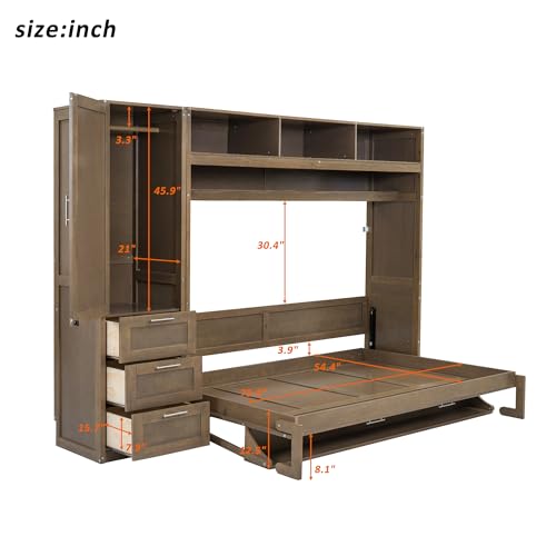 Antique Grey Wooden Murphy Bed with Wardrobe, 3 Drawers and 3 Open Top Shelves Y852547