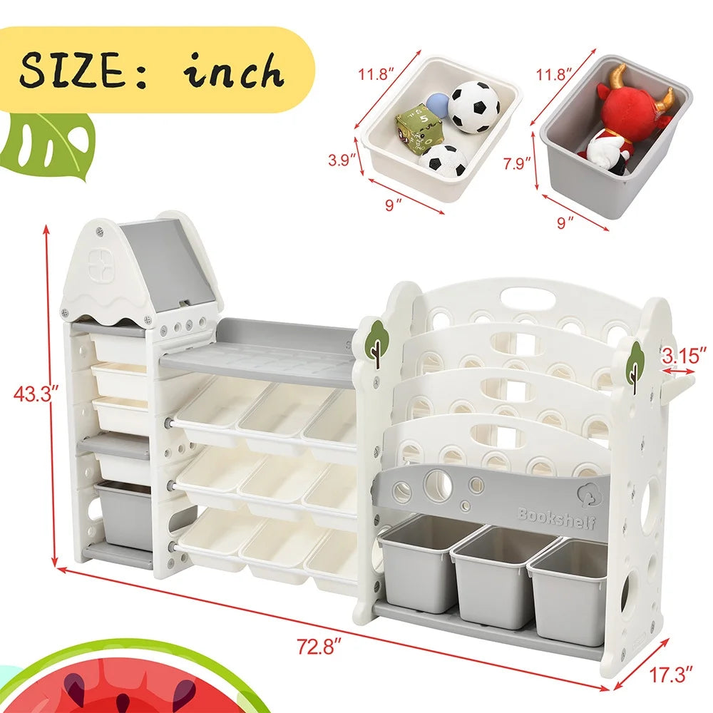 Grey Kids Bookshelf Toy Storage Organizer with 17 Bins and 4 Bookshelves U4858