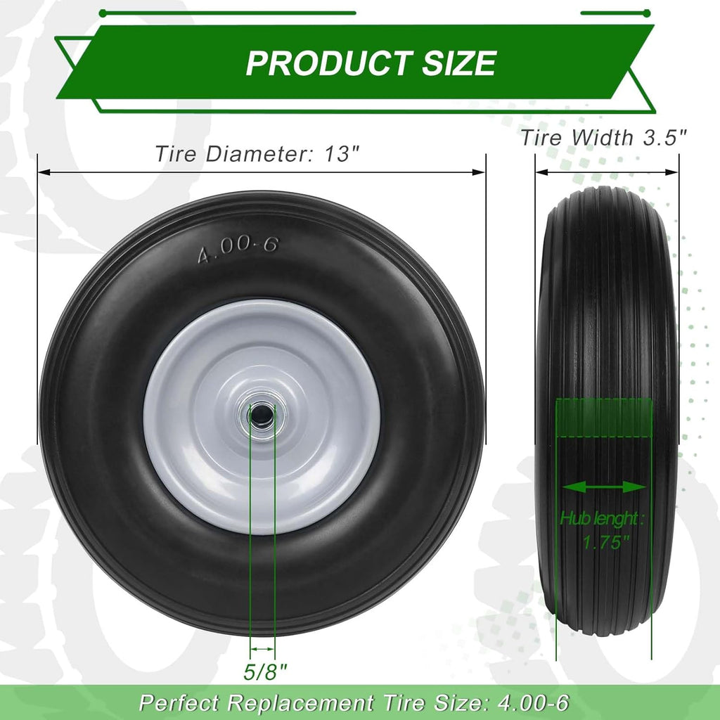 13 Inch 4.00-6 Flat Free Solid Tire and Wheel Replacement with Bearings H605738