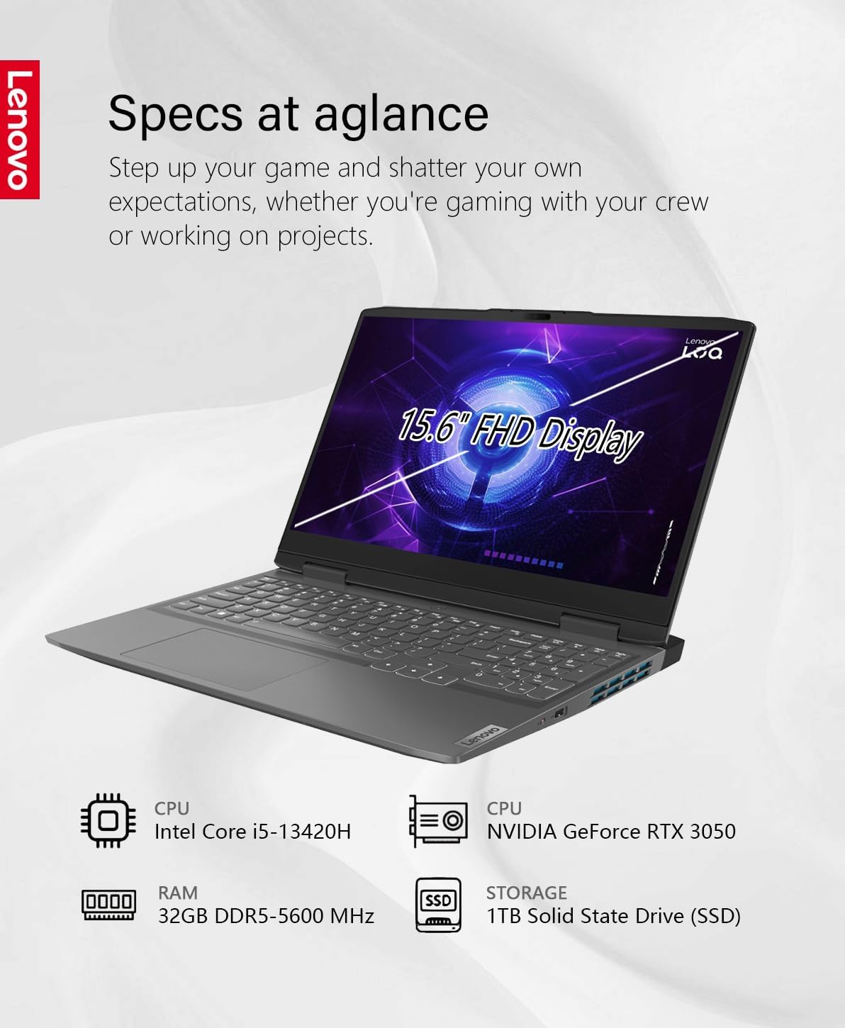 15.6" 144Hz IPS Gaming Laptop NVIDIA GeForce RTX 3050 Intel Core i5-13420H 32GB RAM 1TB Storage Storm Grey Q752