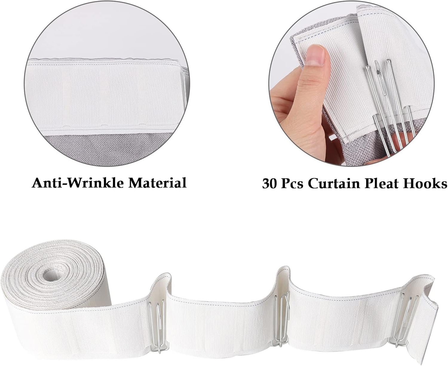 White 10 Yards Pleater Tape with 30 Pcs Stainless Steel 4 Prongs Hooks S304