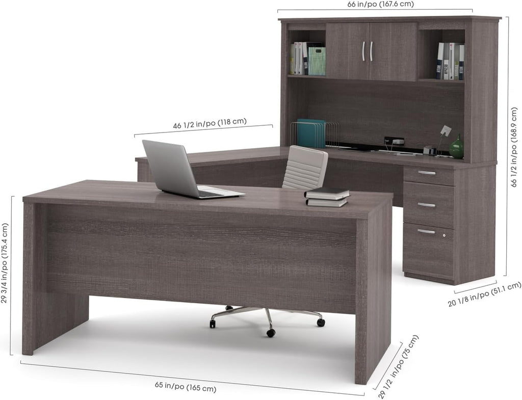 U-Shaped Executive Desk with Pedestal and Hutch in bark grey P72672