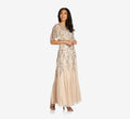 Petite Long Floral Beaded Gown with Flutter Sleeves, Taupe Pink, Size: 14 G217601