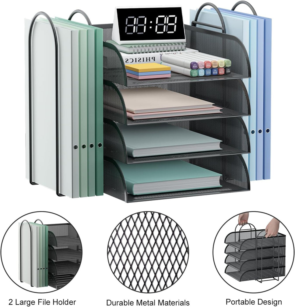 Black 4 Tier Stackable Mesh Desk Organizer with File Holder S2114