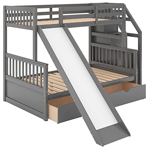 White Wood Twin Over Full Bunk Bed with Slides, Stairway, Drawers, and Safety Fence H661332
