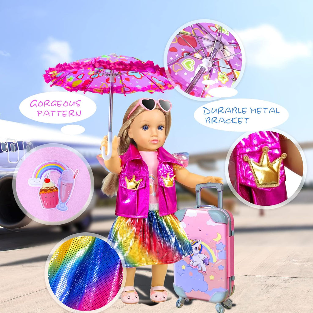 18 Inch Doll Clothes and Accessories Travel Suitcase Play Set Including Luggage, 2 Sets of Doll Clothes and Shoes, Umbrella Sunglasses Camera Travel Pillow Blindfold Passport Tickets O941421