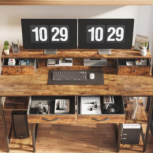 55 Inch Computer Desk with Monitor Shelf, 4 Drawers, Brown S32303