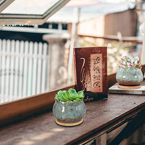 4 Inch Ceramic Plant Pots with Bamboo Tray, Pack of 6 S872