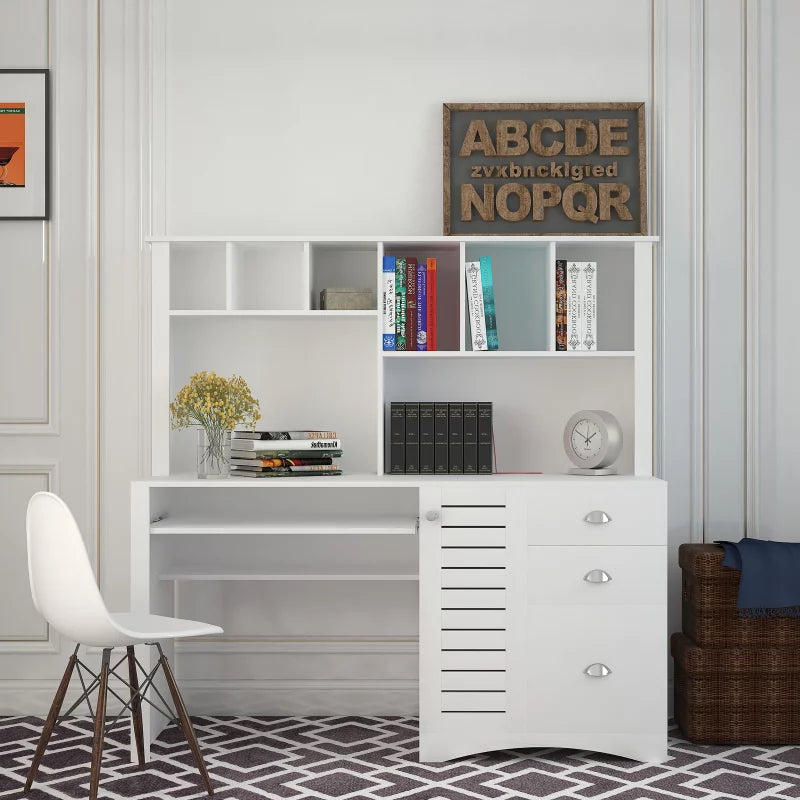 Antiqued White Computer Desk With Hutch And Keyboard Drawer L5052