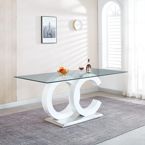 70 inch Clear Tempered Glass Dining Table with Golden Stainless Steel Pedestal J326