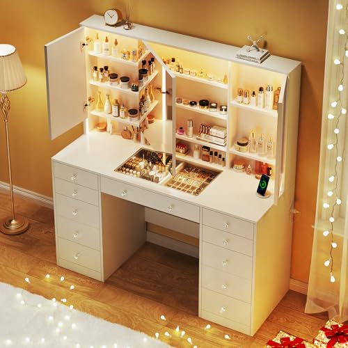White 50" Vanity Desk with Mirror and Lights, Glass Top, 11 Drawers & 8 Hidden Storage Shelves, 3 LED Lighting Modes V24367