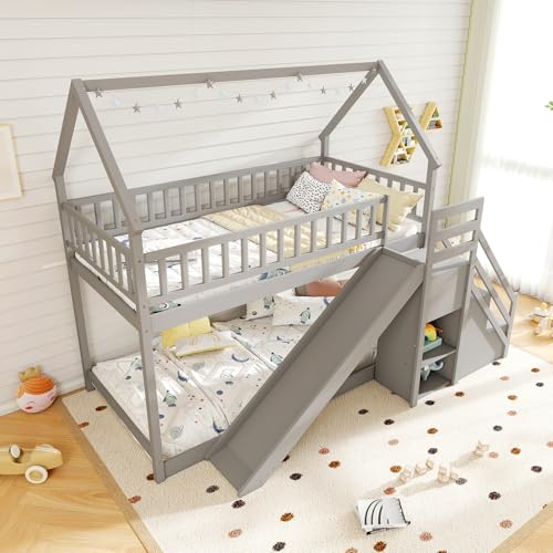White Wood Bunk Bed Twin Over Twin with Slide & Stairs D9083