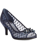Navy Mixed Media Glass Brooch Almond Toe Kitten Heel Slip On Dress Pumps P870