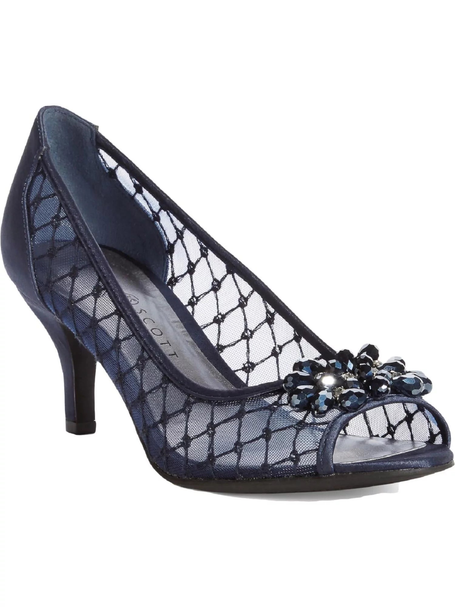 Navy Mixed Media Glass Brooch Almond Toe Kitten Heel Slip On Dress Pumps P870