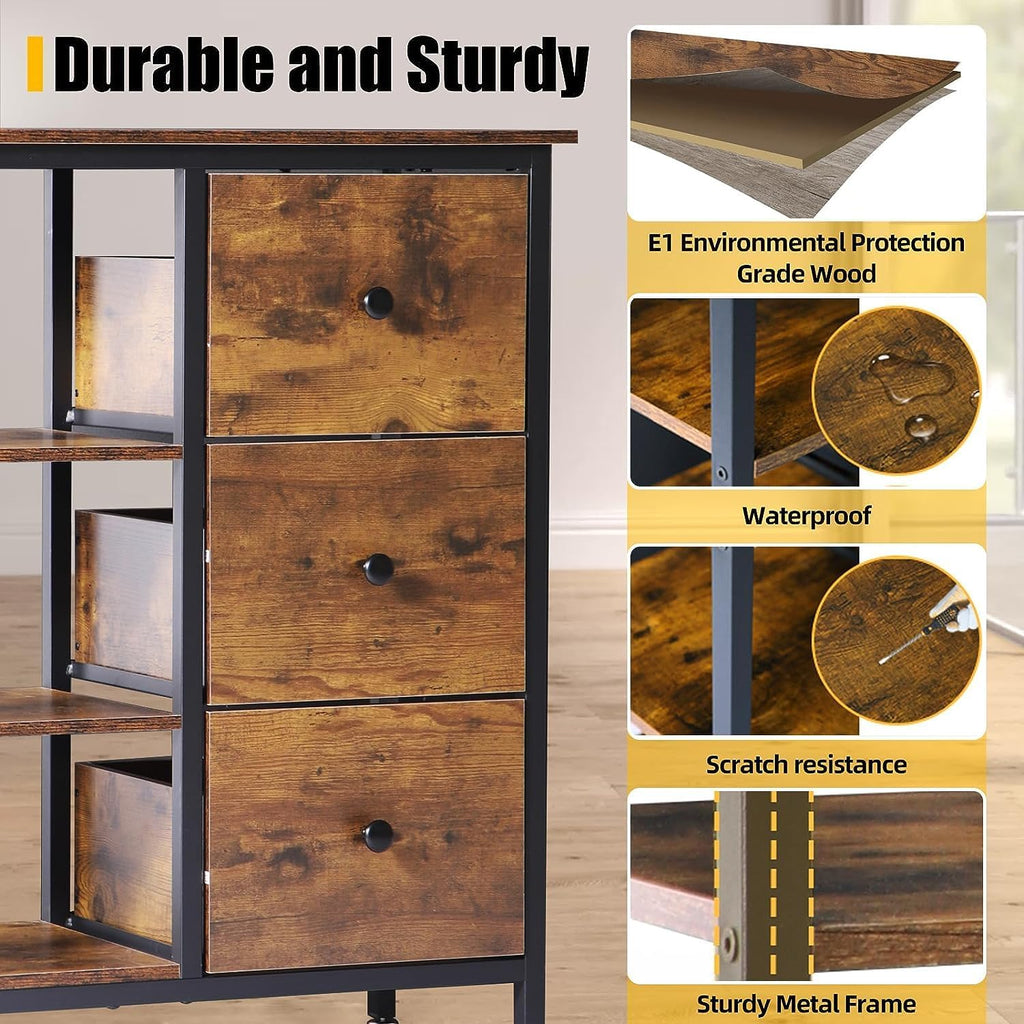 Brown Coffee Station Cabinet with 3 Wooden Drawers & Shelves Y487