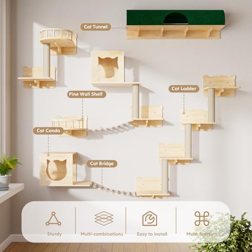 16 Pcs Pine Wooden Cat Wall Shelves with House K63919