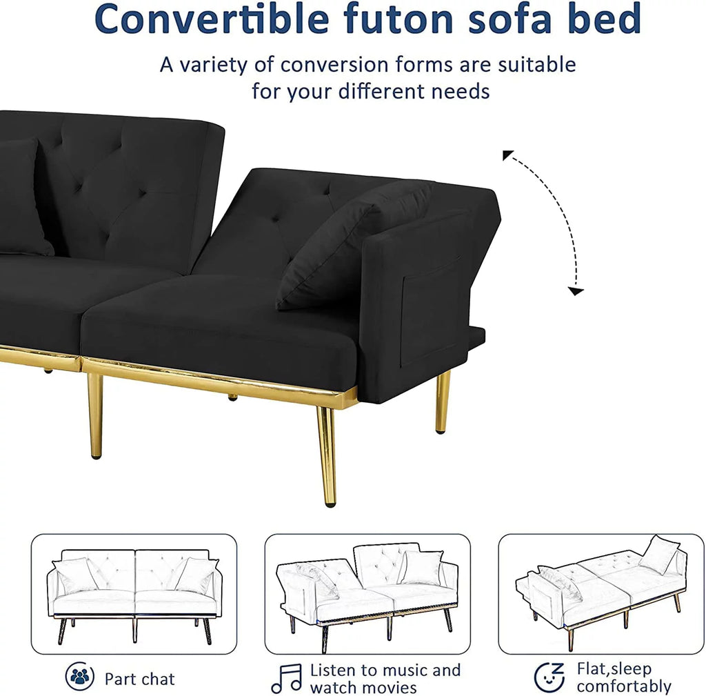 59" Convertible Velvet Sofa Bed with 2 Pillows & Side Pockets (Black) G645415